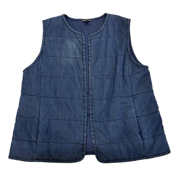 Eileen Fisher Quilted Open Vest Womens Size L Blue Denim With Pockets - Picture 1 of 6
